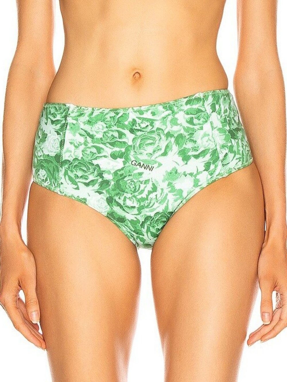 GANNI Swimwear Bikini Bottom Green White Floral High Waist Size 32 = 0 NEW